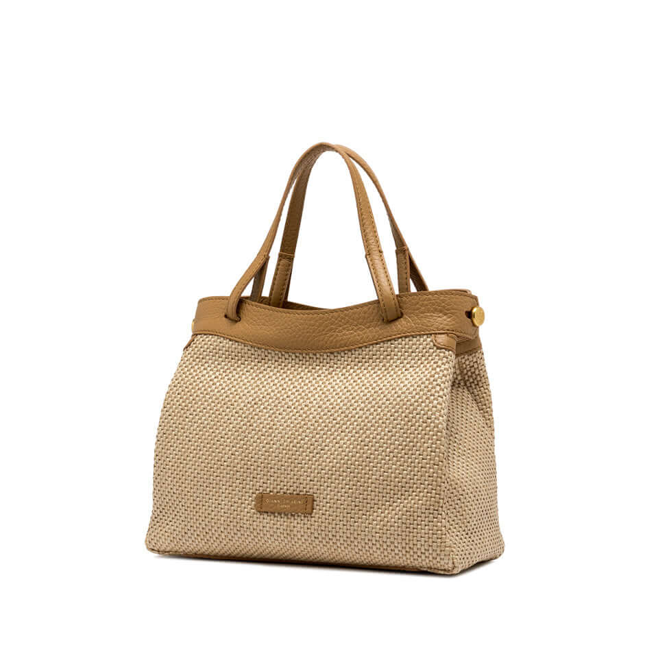 Ottavia straw handbag by Gianni Chiarini Firenze, featuring dual carry options and a zip closure, size 30x25x11 cm.