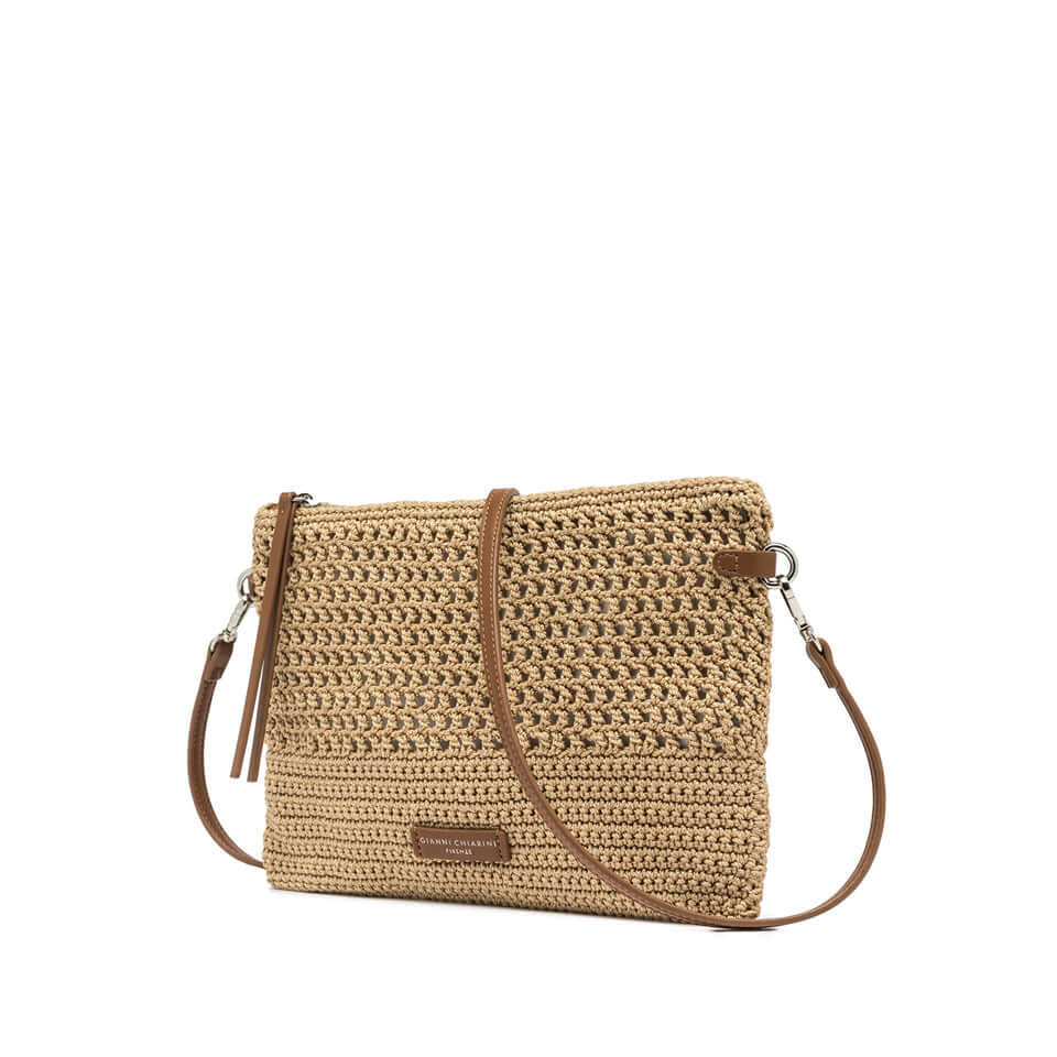 Victoria pochette by Gianni Chiarini Firenze in crochet fabric, featuring leather details and crossbody strap.