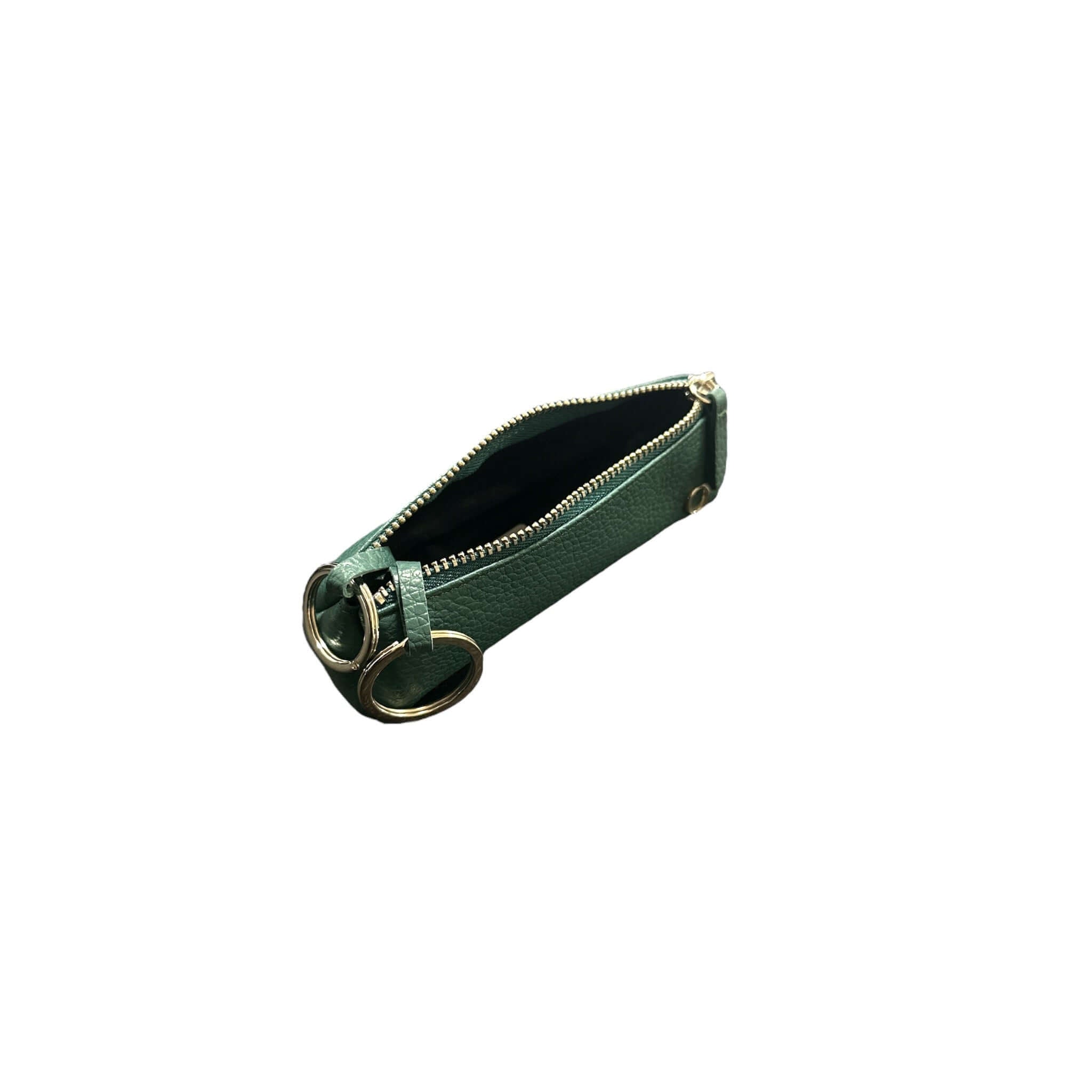 Portachiavi Triangolo Micron in Pelle verde, chiusura a zip e anello portachiavi per un'organizzazione elegante.