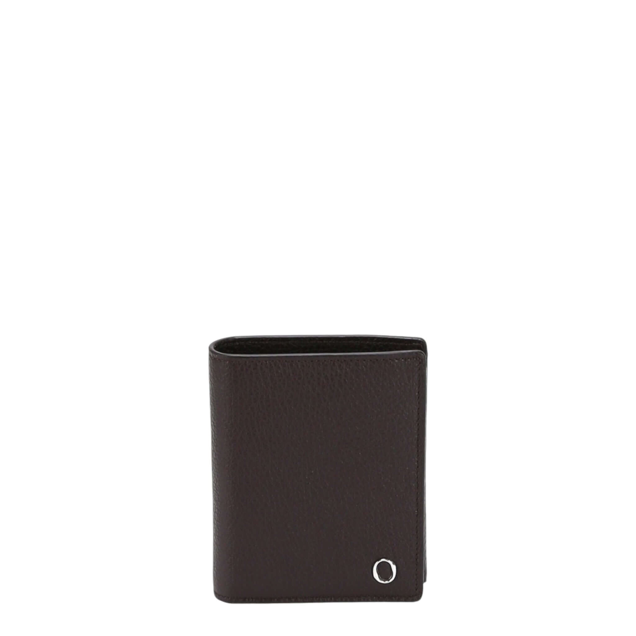 Portafoglio verticale in pelle marrone con soffietto per carte, elegante e compatto.