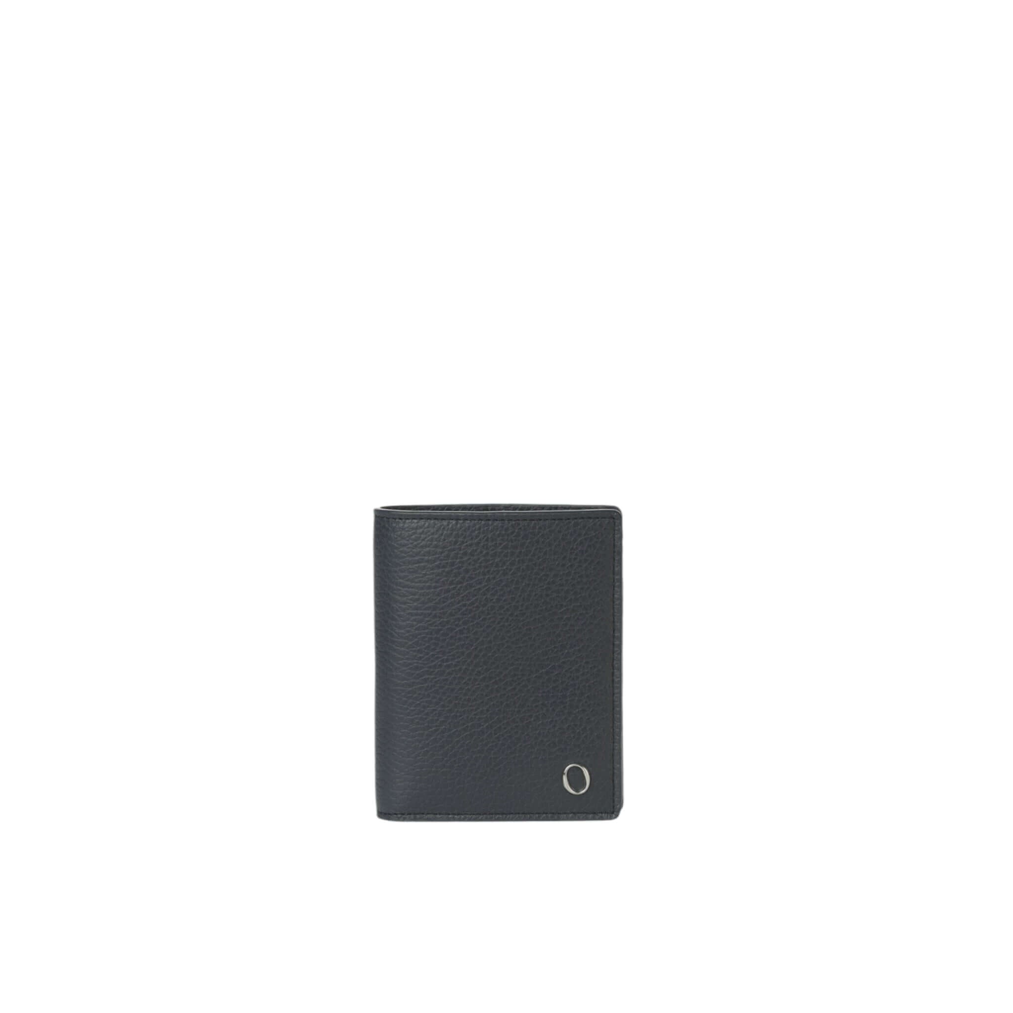 Elegante portafoglio verticale in pelle martellata con soffietto porta carte, colore nero, compatto e sicuro.