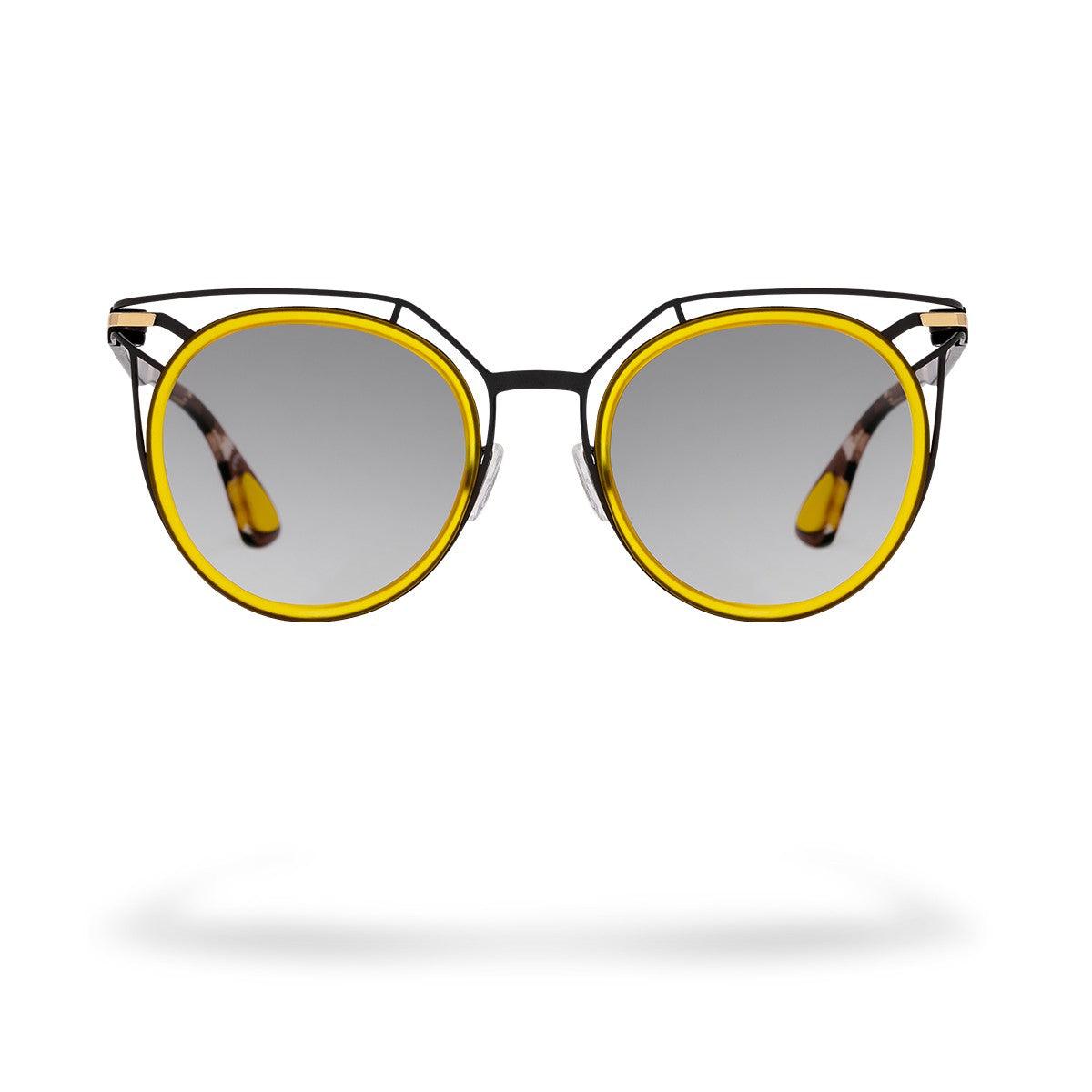 PRASLIN C5 sunglasses with round metal frame in gray and yellow, featuring elegant lines and glossy crystal temples.