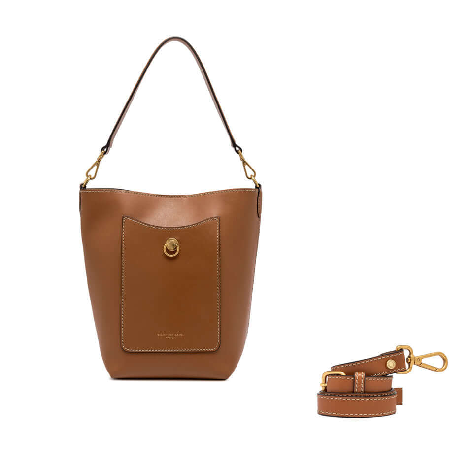 Rubina bucket bag by Gianni Chiarini in smooth natural leather with detachable strap, stylish and versatile accessory.
