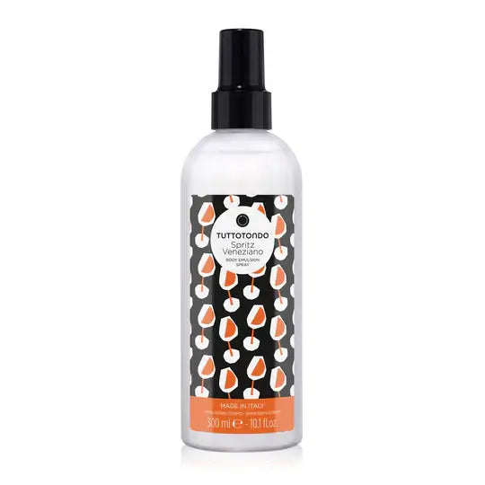 Spritz Veneziano body cream spray bottle, 300ml, featuring a vibrant design and fresh scent for skin hydration.