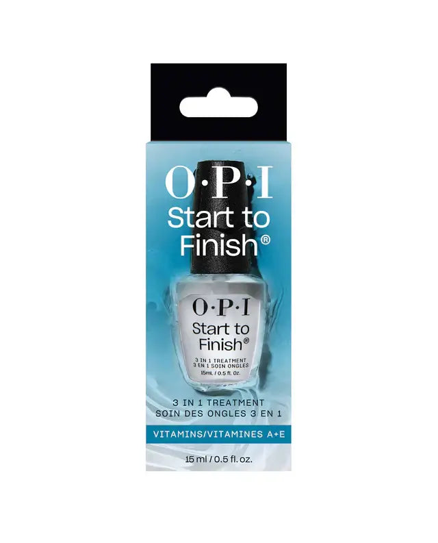 O.P.I. Start to Finish 3-in-1 Nail Treatment with Vitamins A and E, 15 ml bottle packaging.