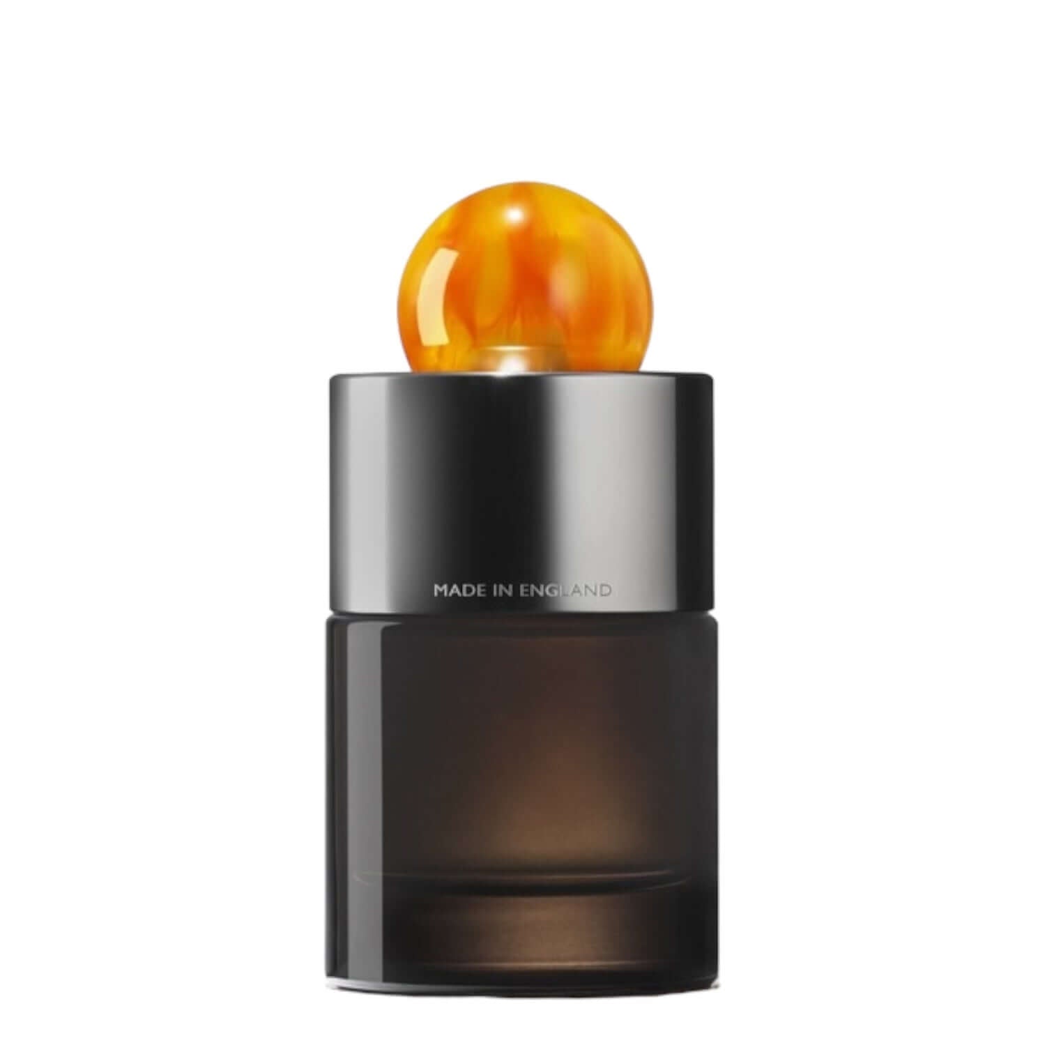 Elegant bottle of Sunlit Clementine & Vetiver perfume with a vibrant orange cap, representing a fresh summer scent.