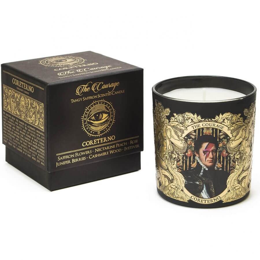 The Courage scented candle with intricate packaging featuring bold art and luxurious fragrances.