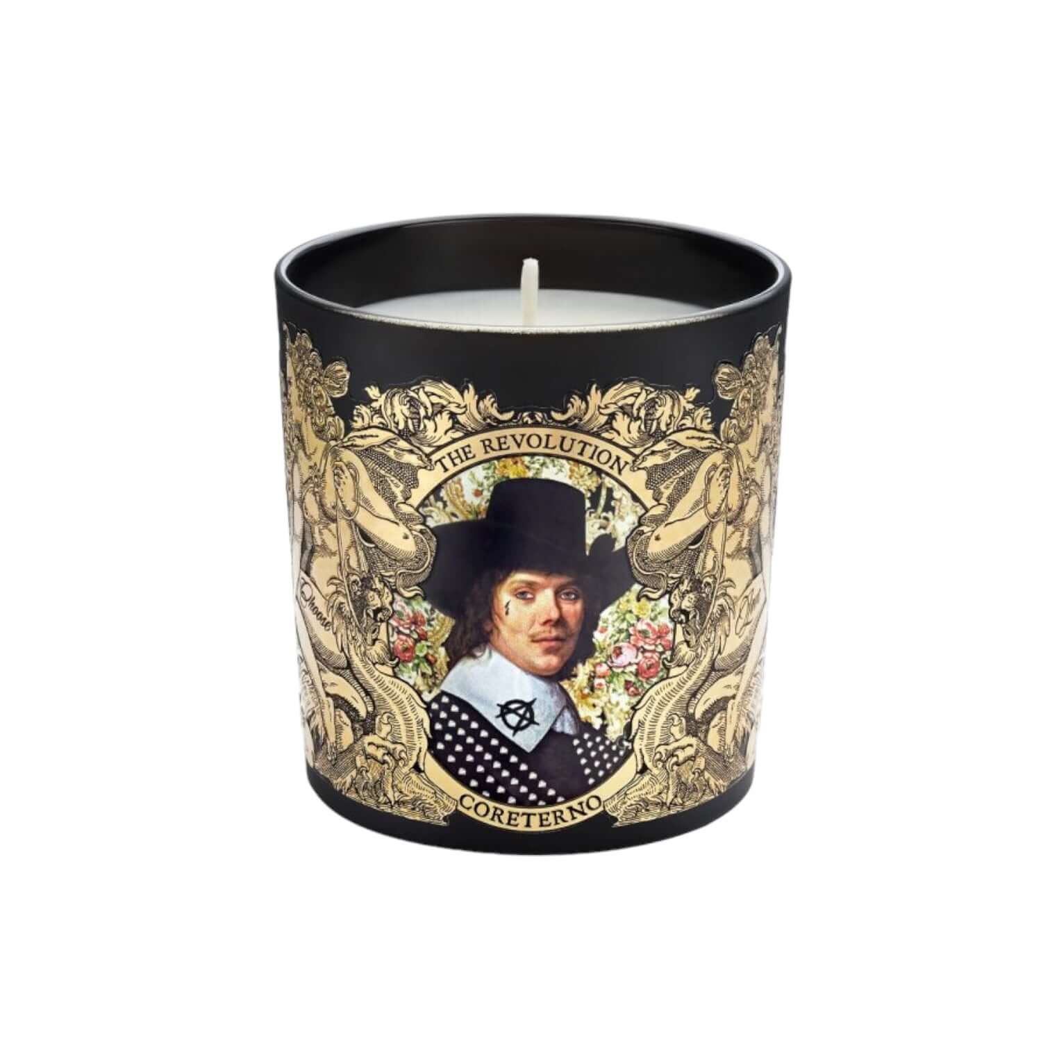 Scented candle named The Revolution featuring a vintage design and a portrait in ornate frame.