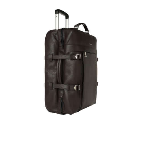 Trolley da viaggio in pelle micron, 52x24x36 cm, con ruote e chiusura di sicurezza, finitura palladio, made in Italy.