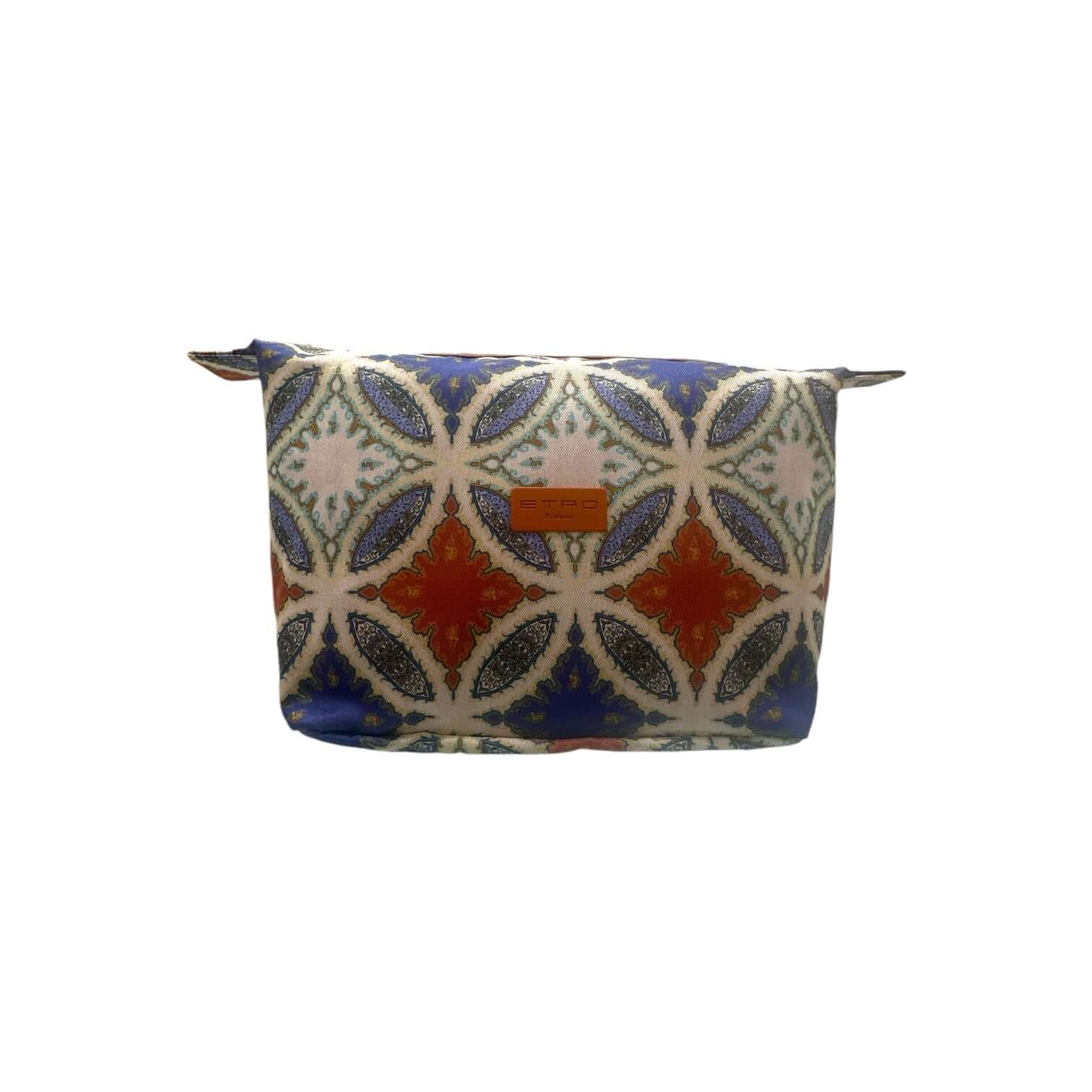 Trousse da viaggio in nylon lavabile con fantasia colorata, chiusura zip e targhetta ETRO beige, dimensioni 20x12x15 cm.