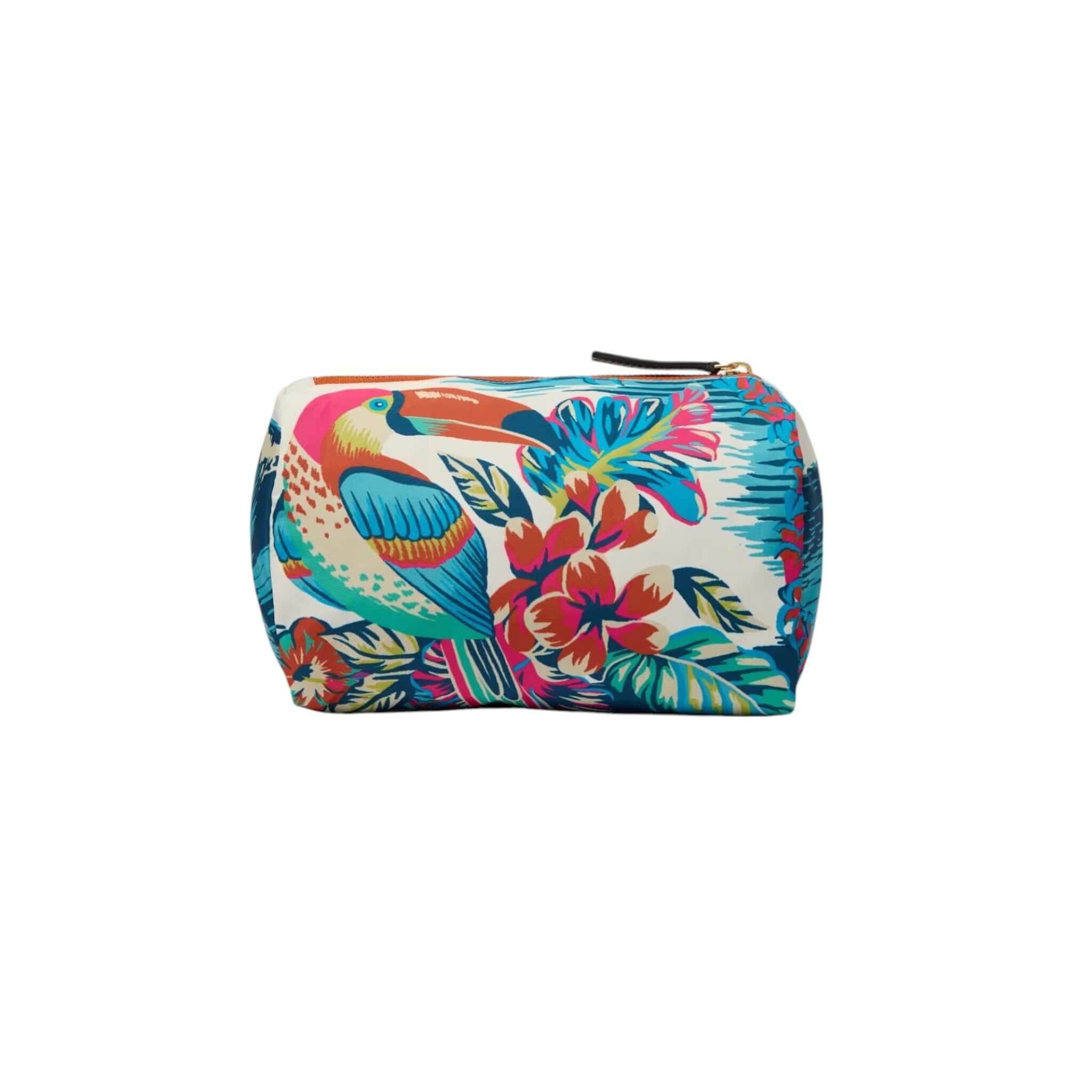 Colorful Trousse Hawai cosmetic pouch featuring tropical bird and floral design, made from recycled polyester.