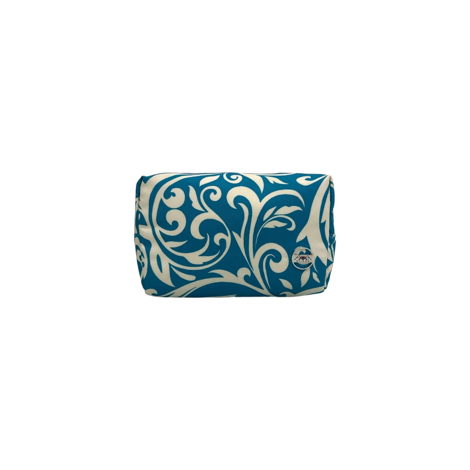 Trousse Ovatta in tessuto blu decorato, dimensioni 17x11x8 cm, ideale per organizzare oggetti personali.