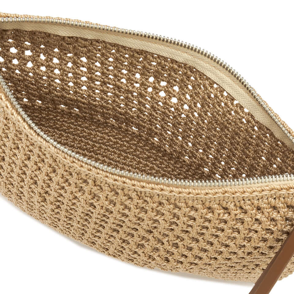 Inside view of the Victoria pochette by Gianni Chiarini Firenze, showcasing crochet fabric and zipper closure.