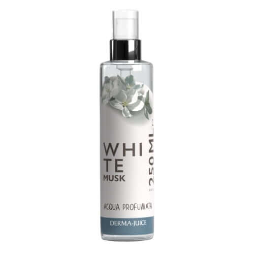 Derma Juice White Musk Acqua Profumata 250ml, fresh floral and vanilla fragrance in a stylish spray bottle.