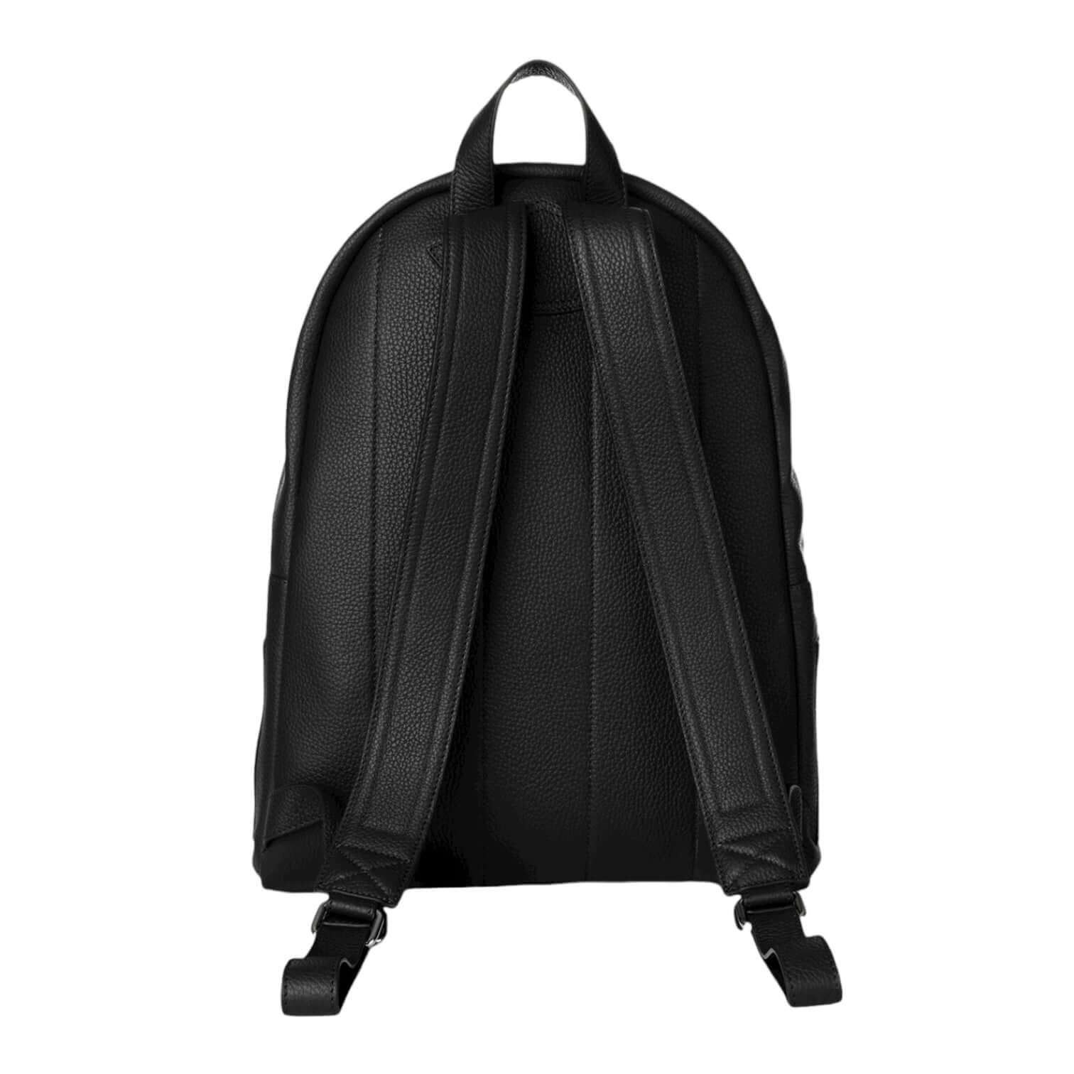 Back view of the Zaino Micron in Pelle, a stylish black leather backpack with adjustable straps and a sleek design.