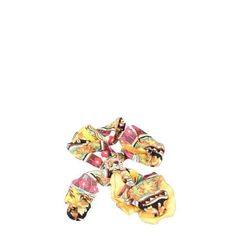 Girocollo Drappo 'Frou Frou' with floral print and gold buckle, made of silk, polyester, and metallic materials.