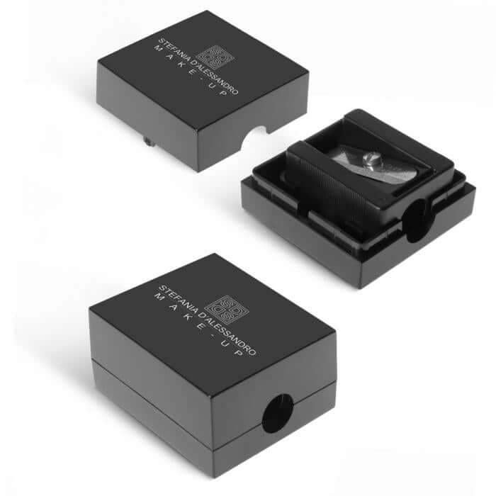 High-precision pencil sharpener for perfect strokes, featuring a sleek black design and logo by Stefania D'Alessandro Makeup.