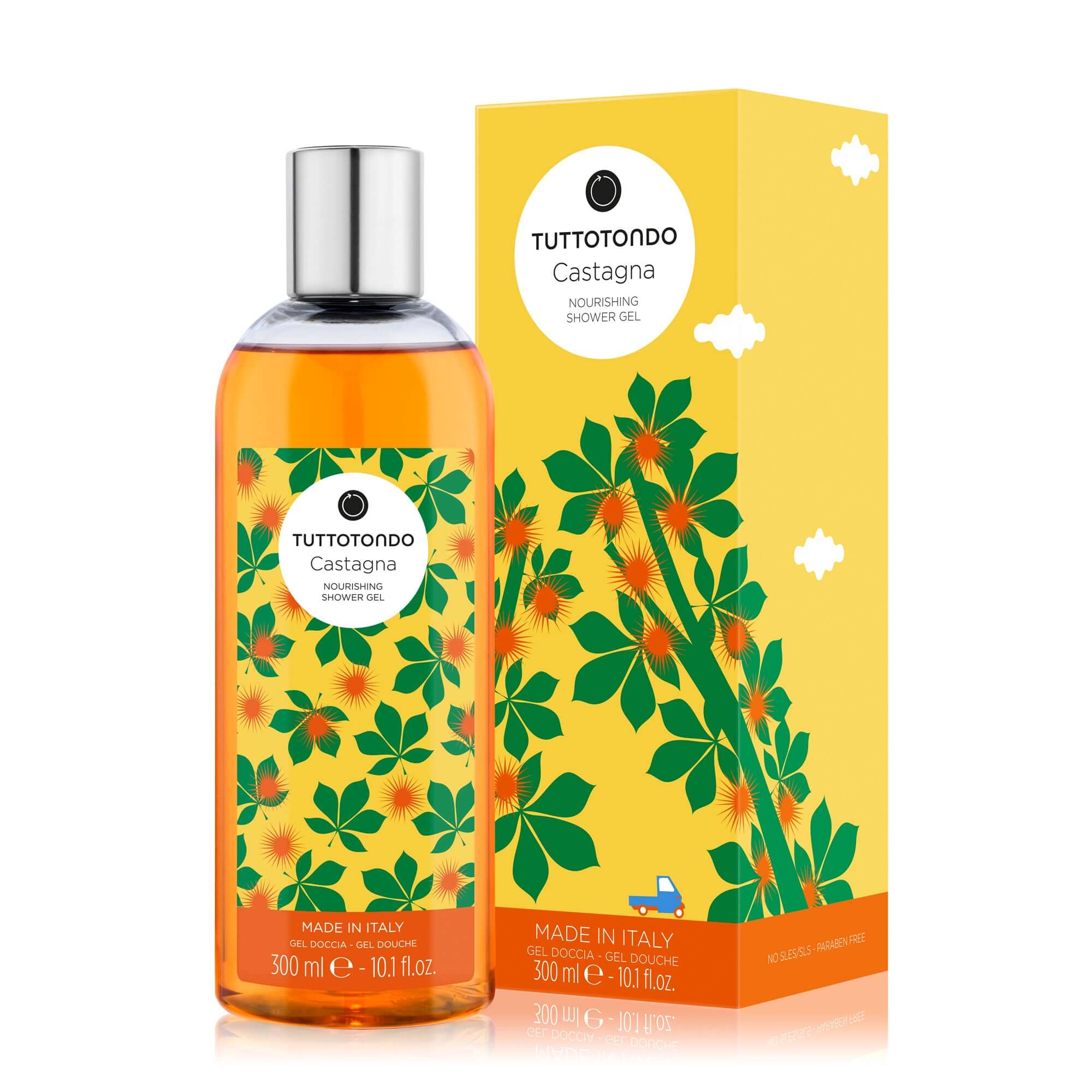 Castagna Gel Doccia, 300 ml nourishing shower gel, enriched with antioxidant chestnut extract and wheat germ oil.