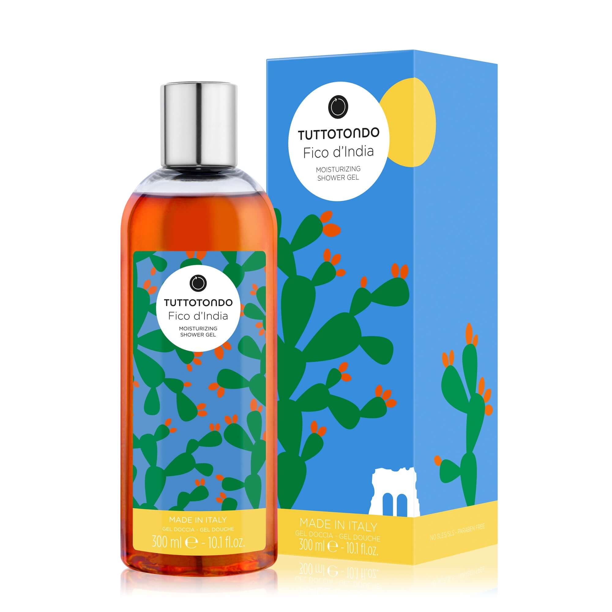 Tuttotondo Fico d'India moisturizing shower gel, 300ml, paraben and sulfate-free, enriched with hyaluronic acid.