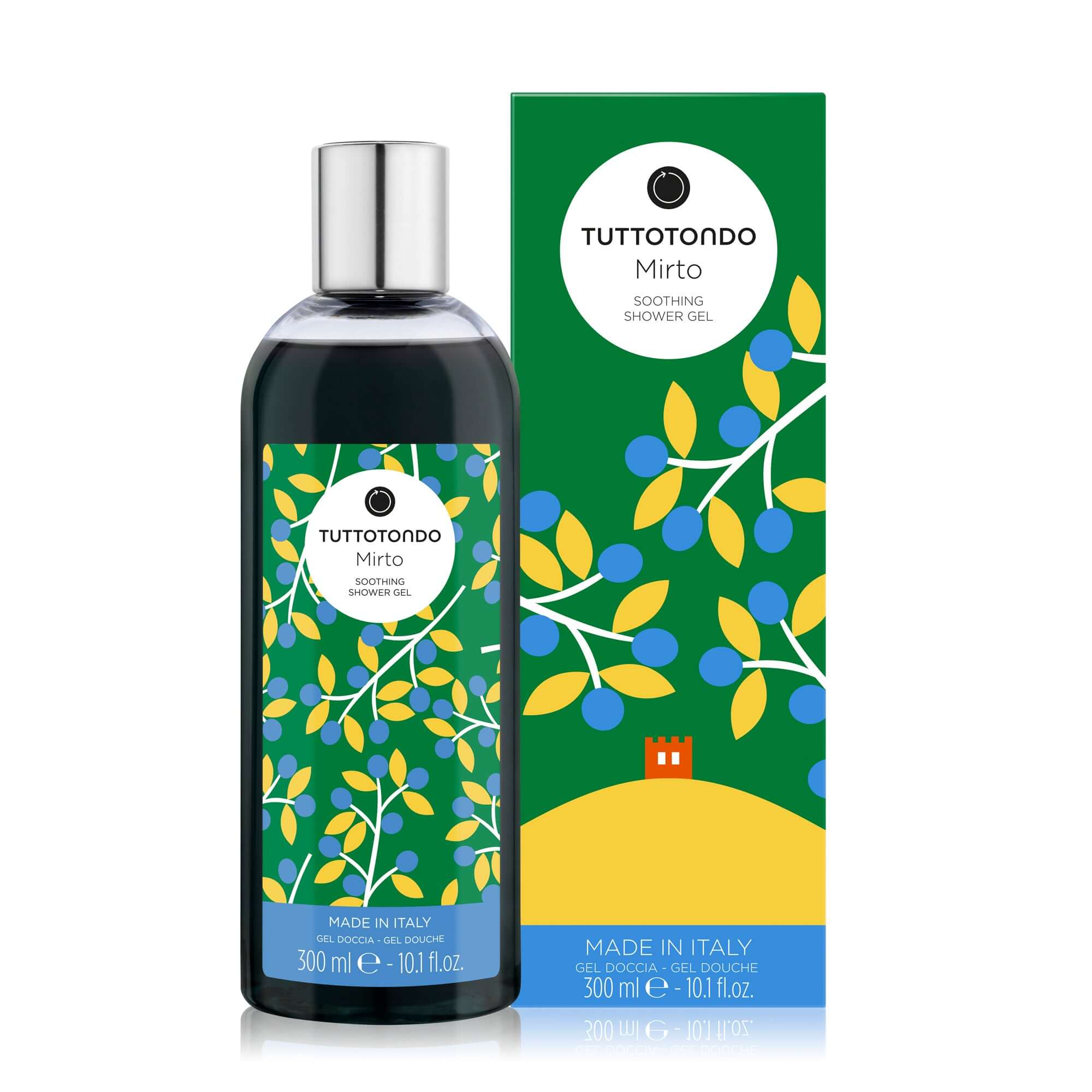 Tuttotondo Mirto Soothing Shower Gel 300ml with aloe vera and myrtle extract, paraben-free, ideal for sensitive skin.