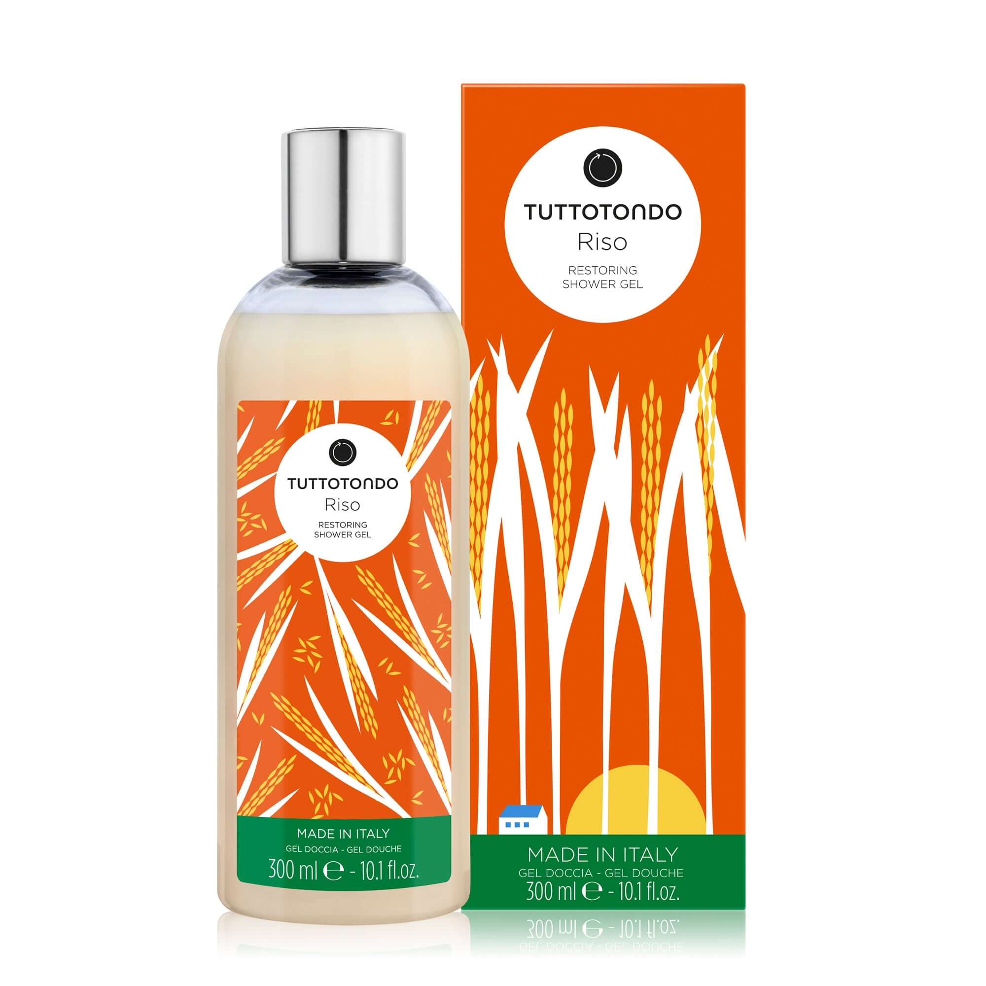 Tuttotondo Riso Restoring Shower Gel, 300 ml, paraben-free with rice and flax extracts for balanced skin.
