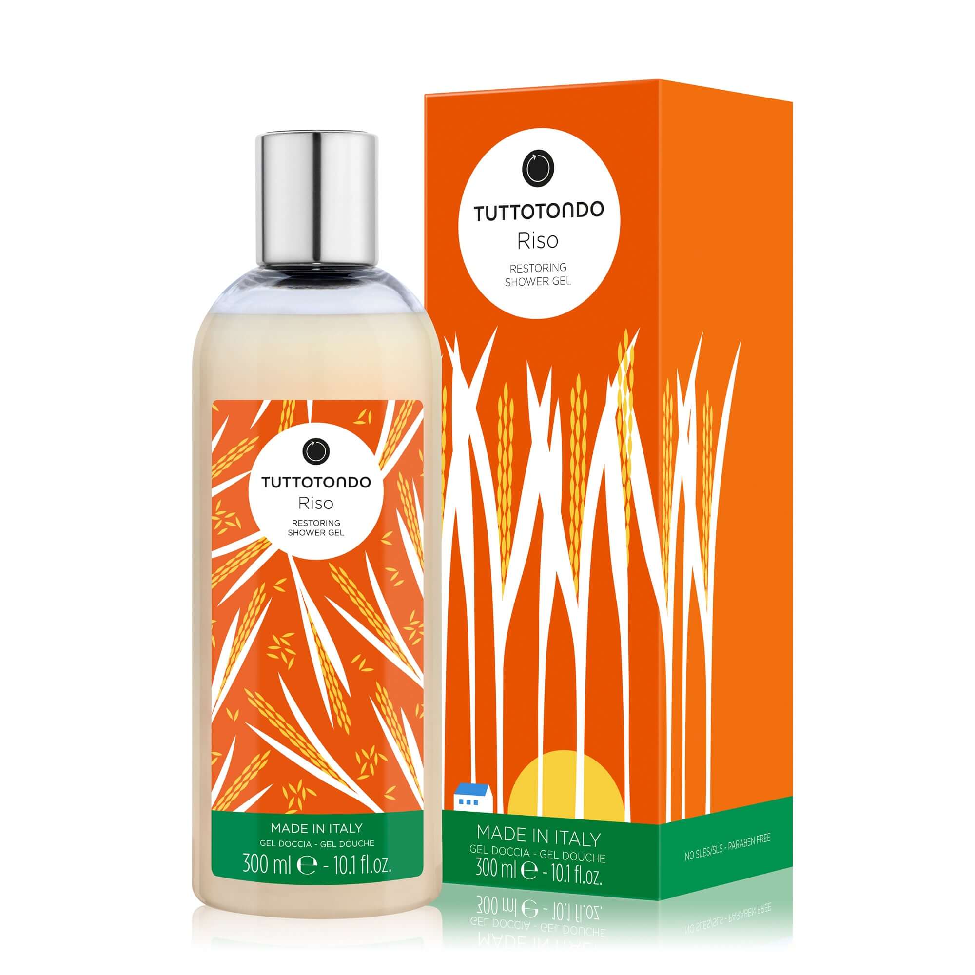 Riso Gel Doccia 300 ml by Tutto Tondo, paraben-free shower gel with rice and flaxseed extracts, nourishing for skin.