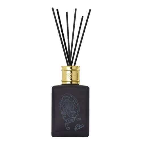 Calipso Diffusore elegant black glass bottle with Paisley design and black reeds for home fragrance.