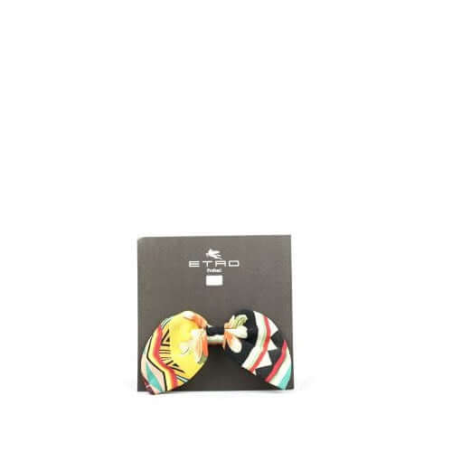 Molletta Fiocco Cascante Multicolore, multicolored silk hair bow, 90% silk and 10% steel, displayed on packaging.