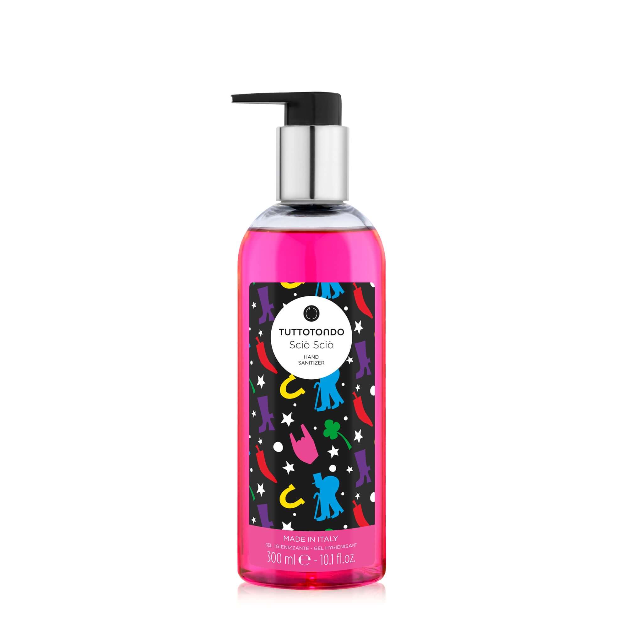 Bottle of Sciò Sciò hand sanitizing gel, enriched with essential oils, 300 ml, vibrant design, effective 72% alcohol.