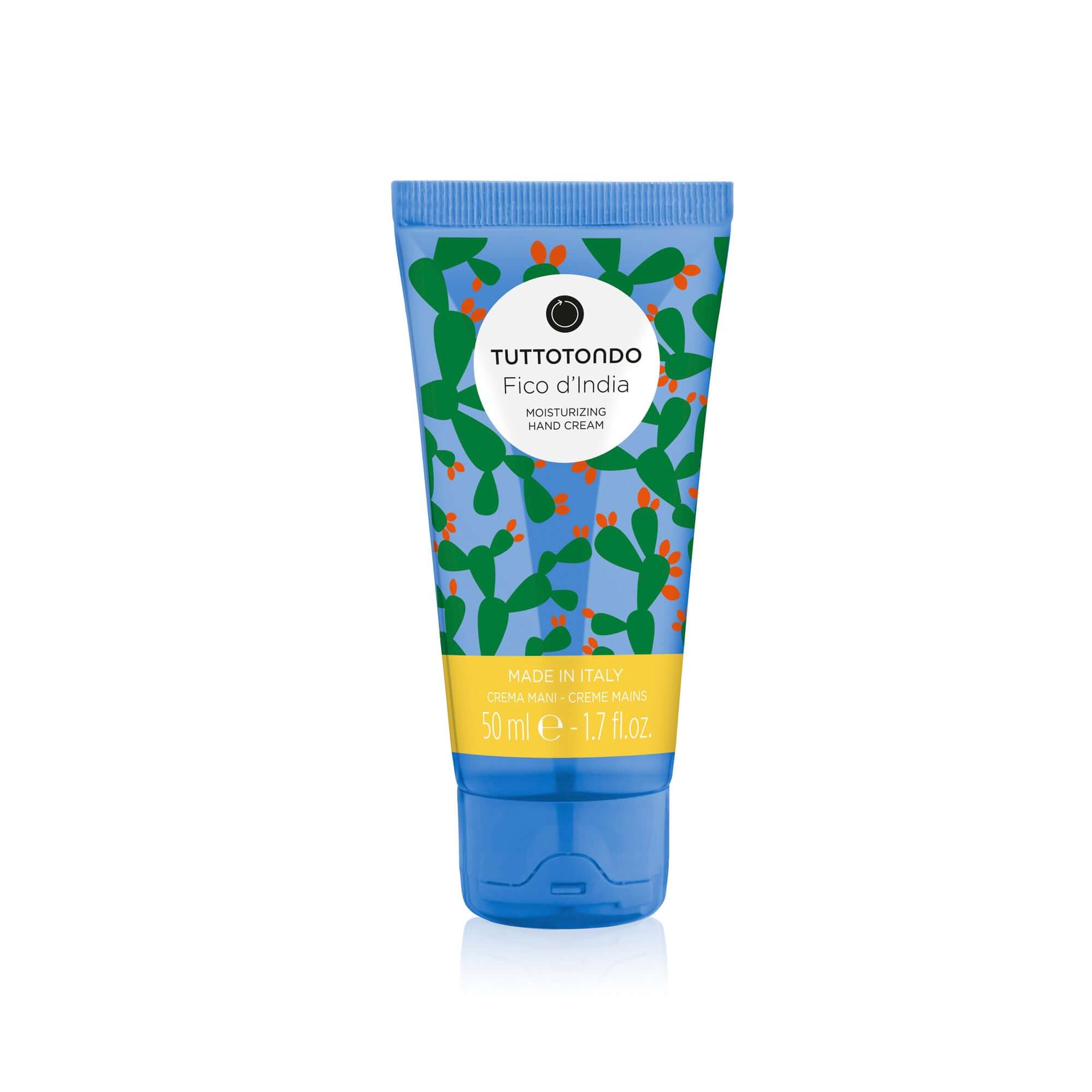 Fico d'India moisturizing hand cream tube, 50 ml, with ingredients like shea butter and prickly pear extract, made in Italy.