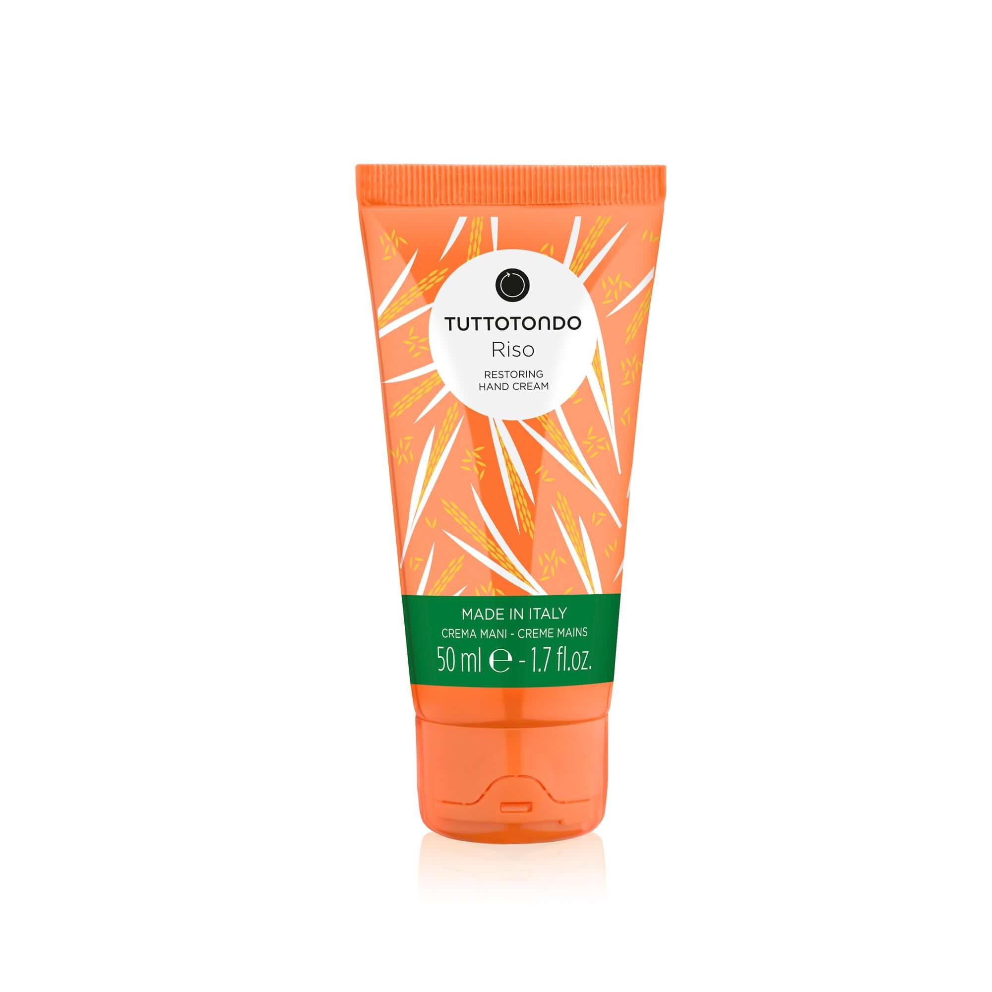 Riso Crema Mani 50ml hand cream in orange tube, enriched with shea butter and rice extract, paraben-free and nourishing.
