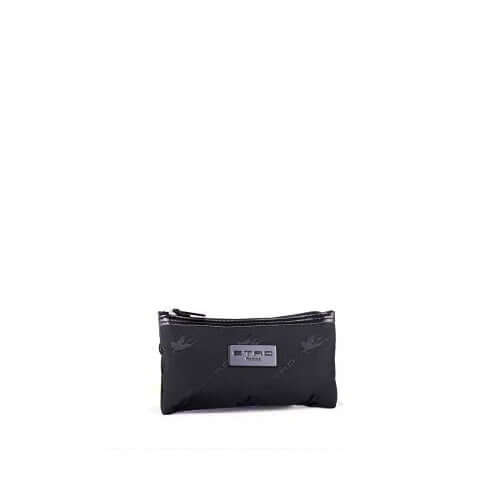 Mini Trousse in black nylon, washable, zip closure with silver logo, dimensions 14x7x2cm, ETRO tag on front.