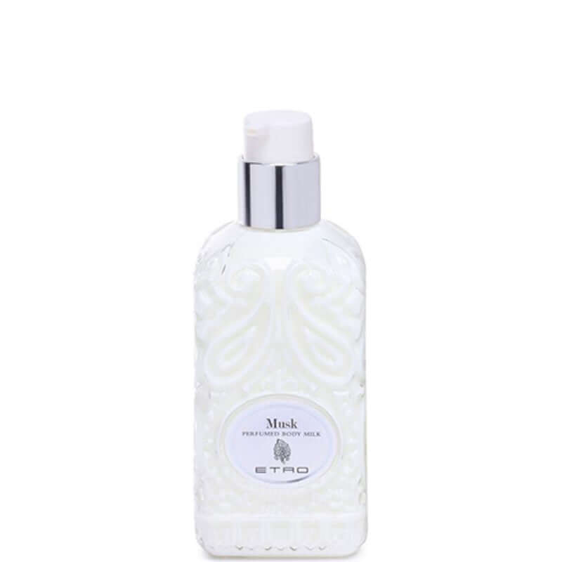 Bottle of Musk Crema Corpo body milk by Etro, elegantly designed, 250 ml, evoking an enchanted forest fragrance.