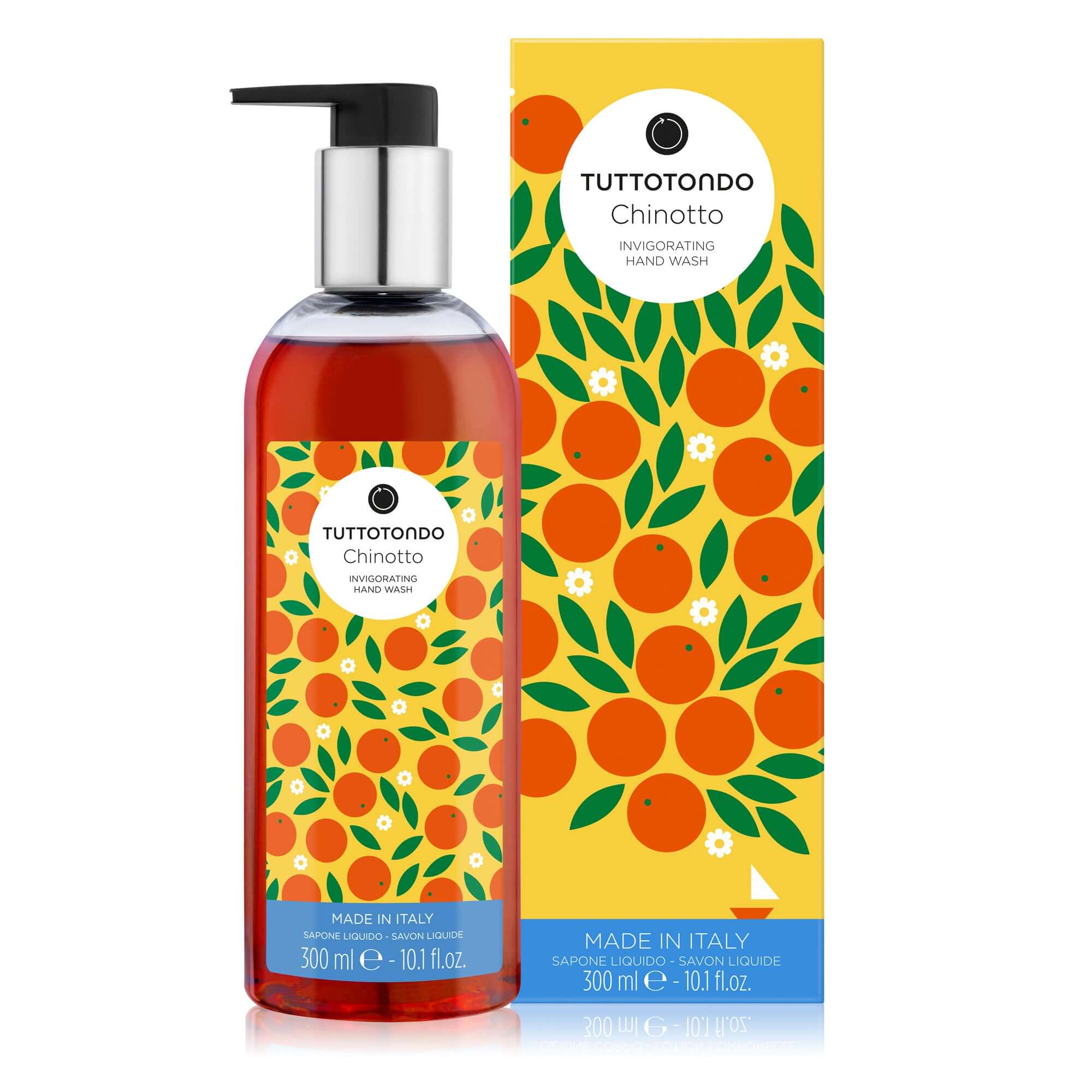 Chinotto liquido sapone da 300 ml, detergente per mani energizzante, delicato e profumato, senza parabeni e solfati.