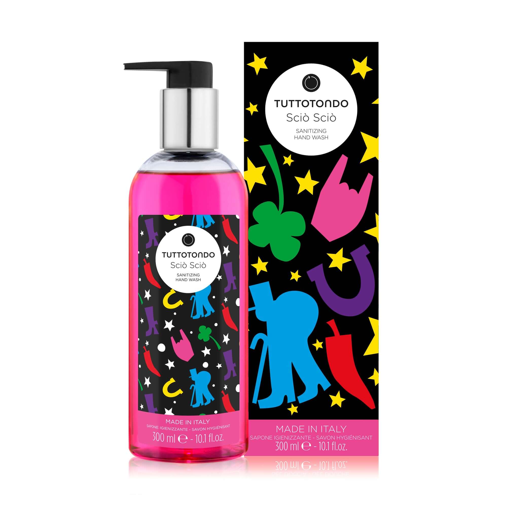 Sciò Sciò liquid hand wash in 300 ml bottle with colorful design, moisturizing and sanitizing ingredients.