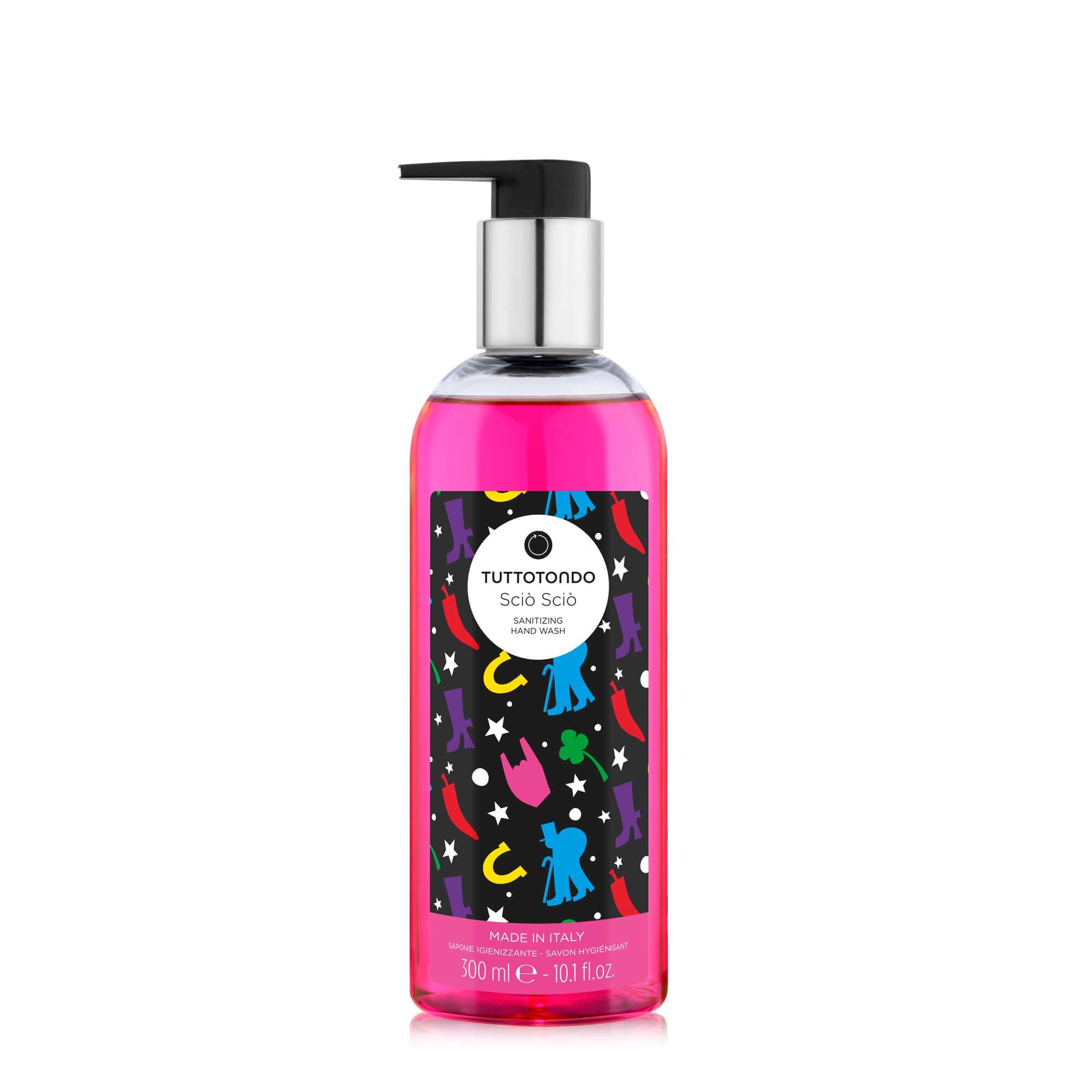 Sciò Sciò liquid soap 300ml with hydrating and sanitizing action, enriched with essential oils, colorful packaging.