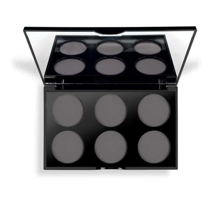 Palette componibile con 6 scomparti per refill occhi e blush, specchio e design anti graffio. Dimensioni 16x10x1.4 cm.