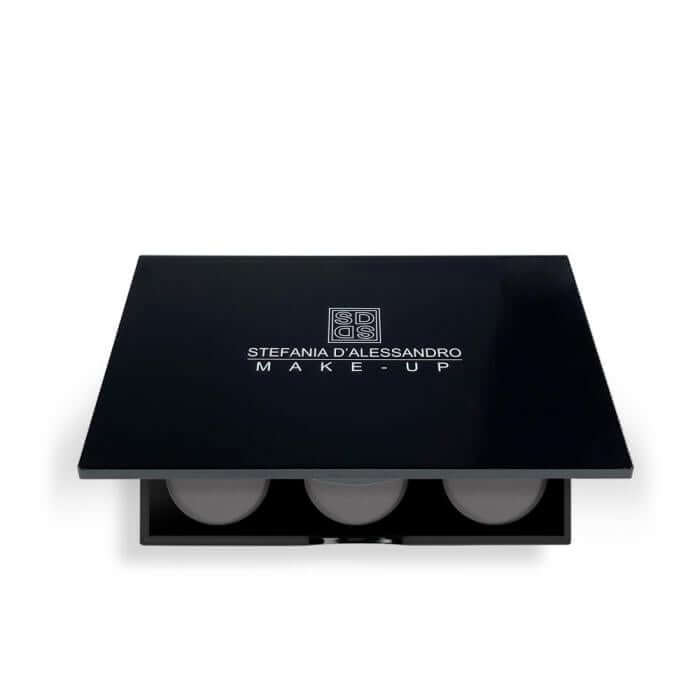 Palette componibile nera con specchio, 6 colori per refill eyeshadow e blush, dimensioni 16x10x1.4 cm.