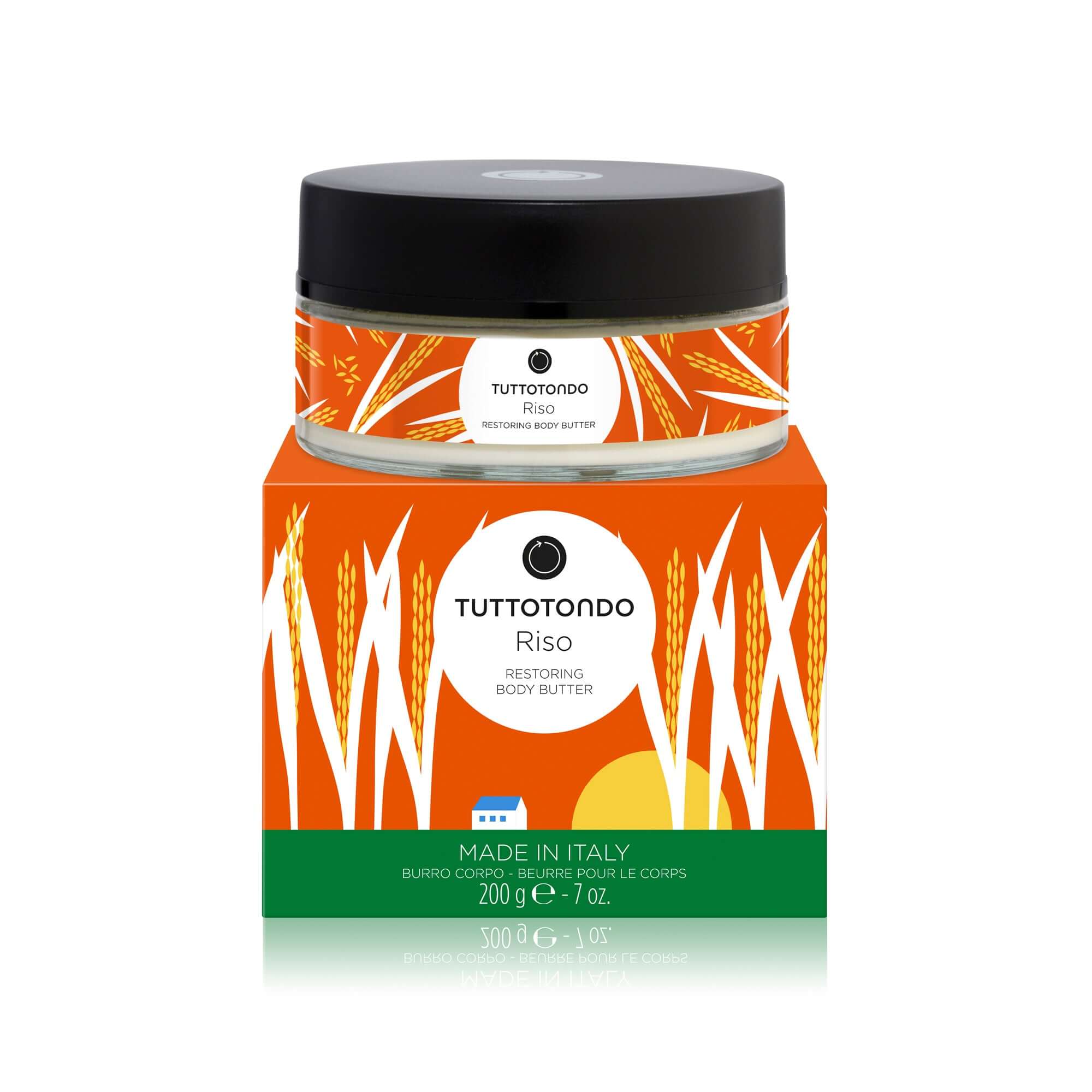 Tuttotondo Riso body butter in a 200g jar, rich cream with moisturizing properties, made in Italy.