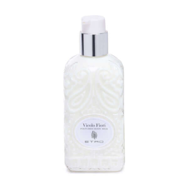 Vicolo Fiori Crema Corpo perfumed body milk in elegant embossed bottle, inspired by Milan's Brera district.