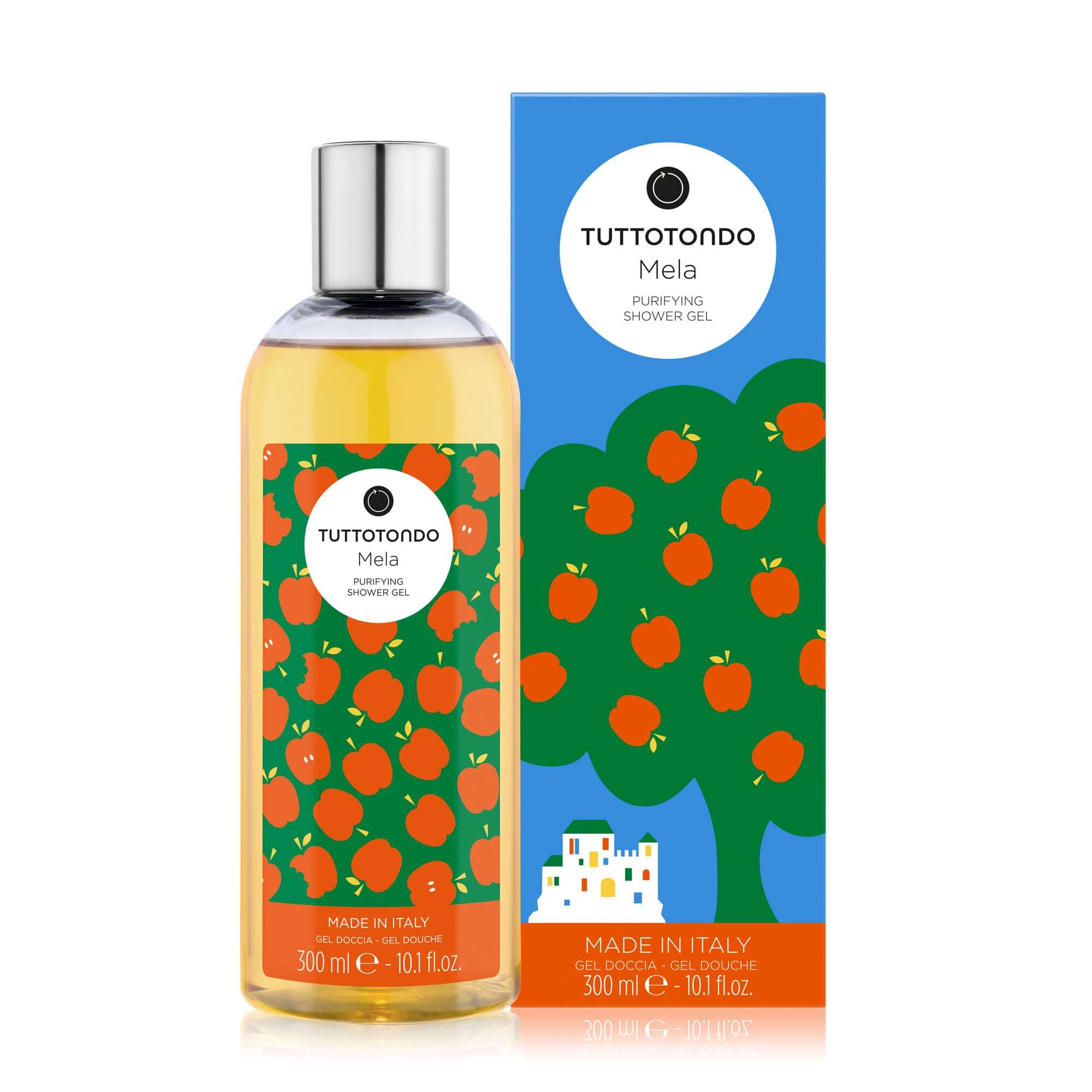 Tuttotondo Mela purifying shower gel, 300ml, enriched with apple and elderberry extracts, made in Italy.