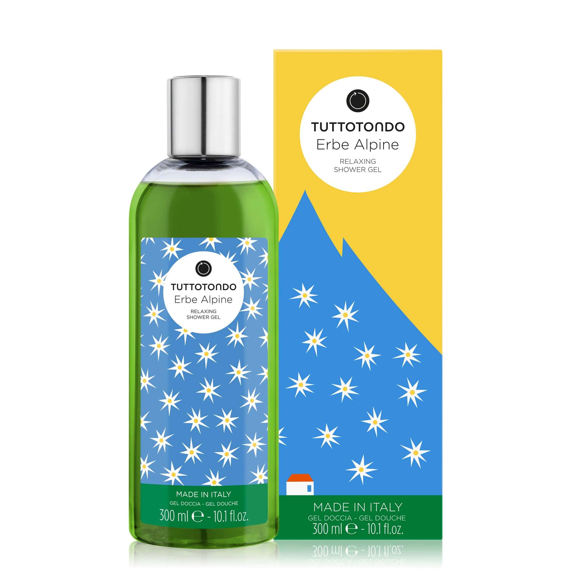 Erbe Alpine relaxing shower gel by Tuttotondo, 300 ml, enriched with natural extracts for skin hydration.