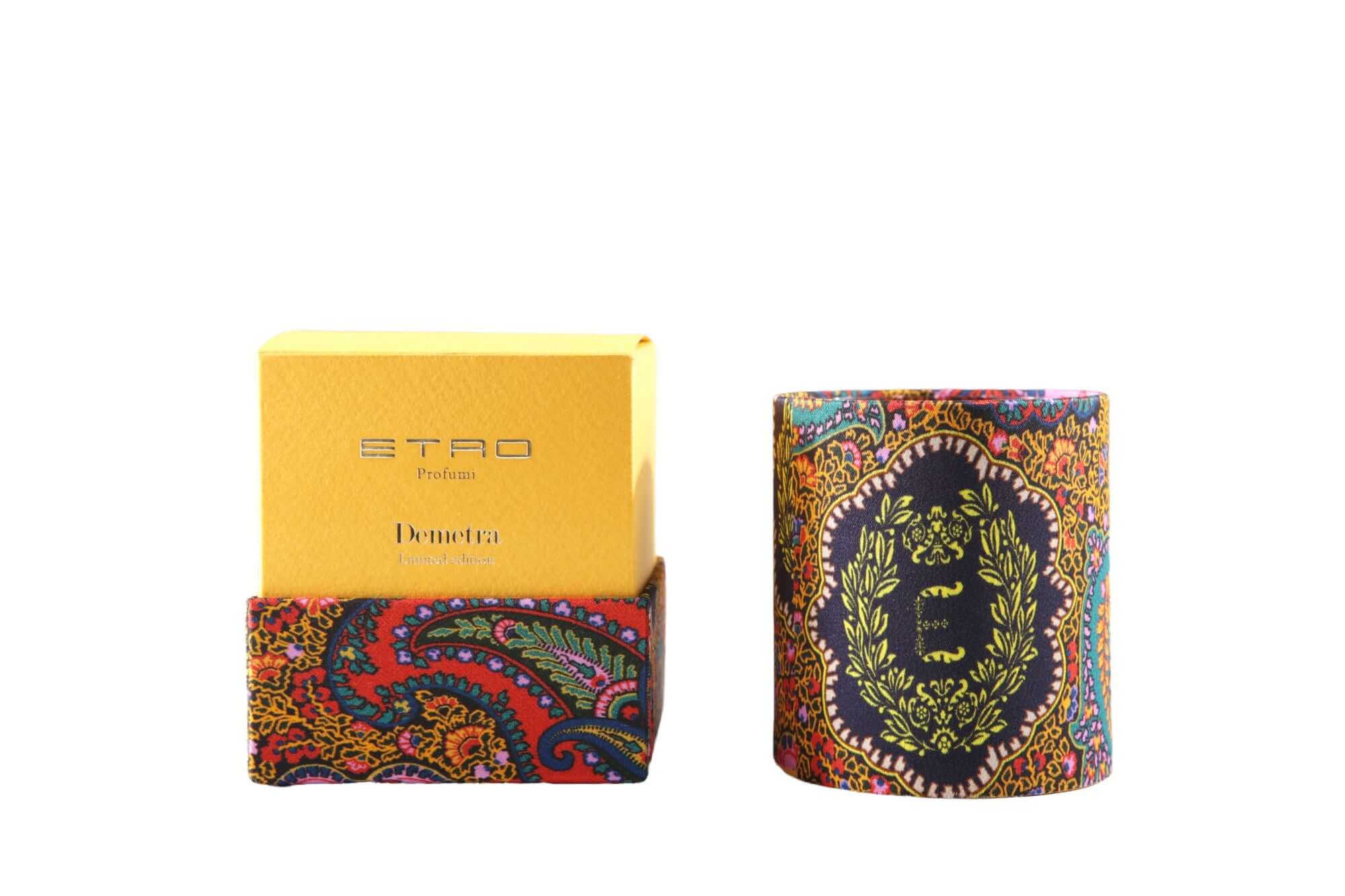 Demetra Limited Edition Candela by Etro in vibrant fabric packaging, 160g candle with luxurious fragrance.