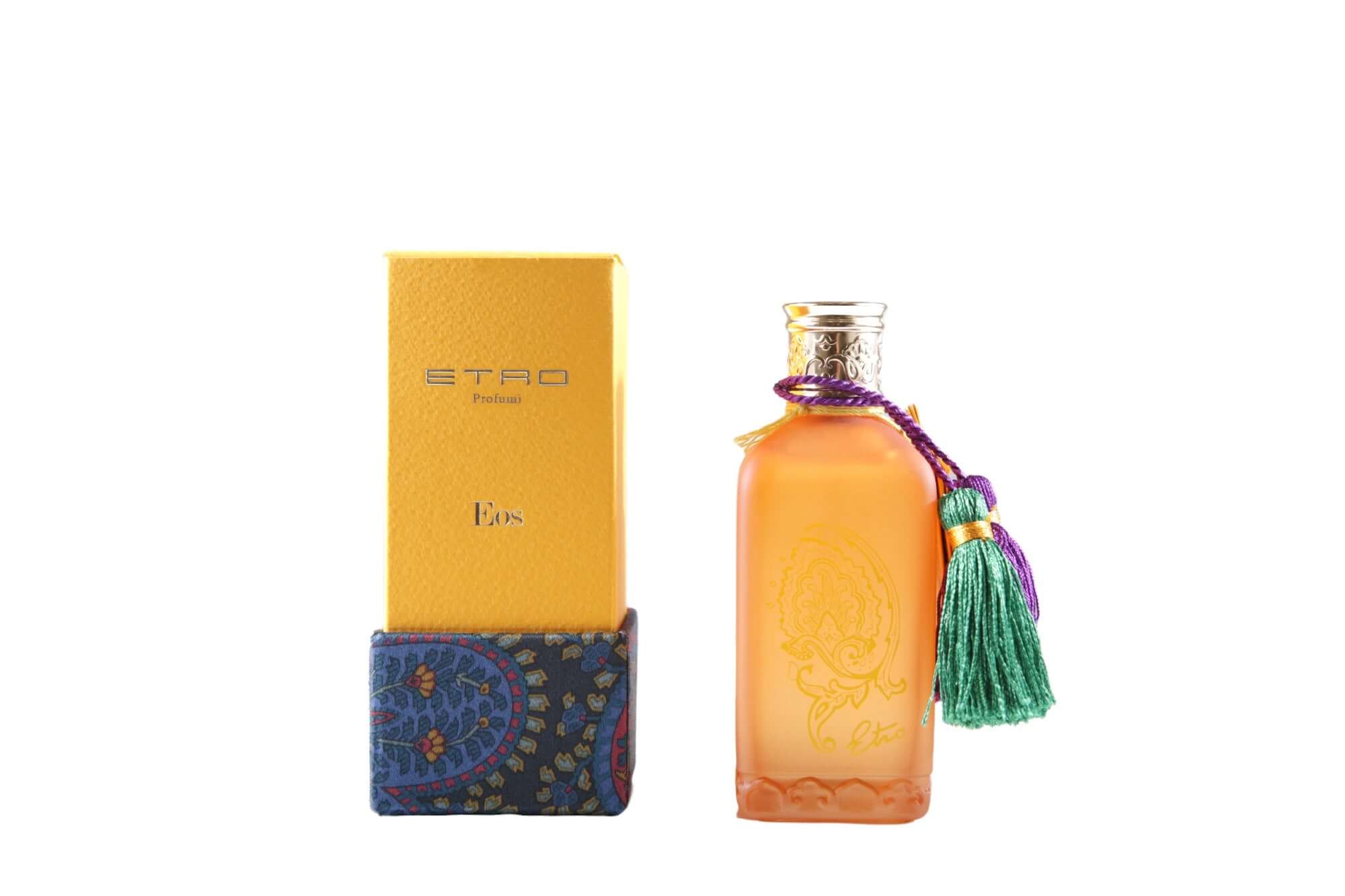 Eos Diffusore Spray in glass, orange with ETRO branding and colorful tassel, 100 ml fragrance.