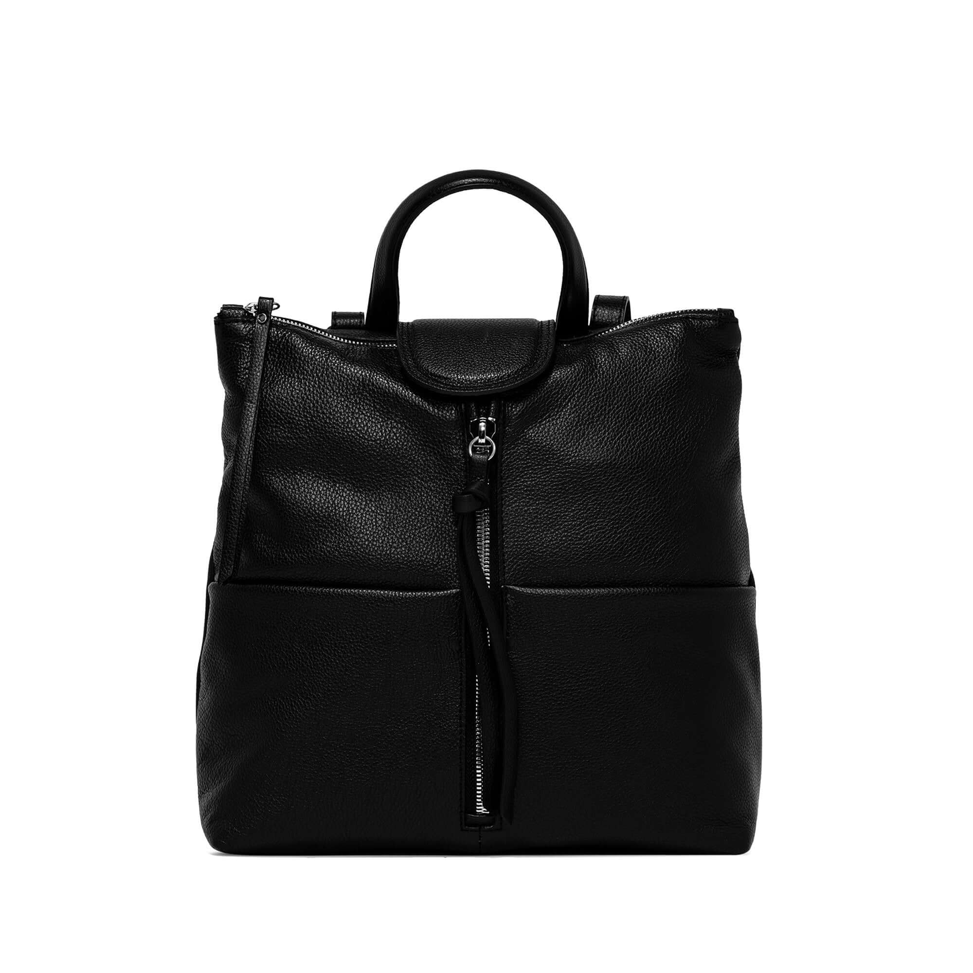 Elegante borsa in pelle martellata nera con tasche frontali e manici regolabili.