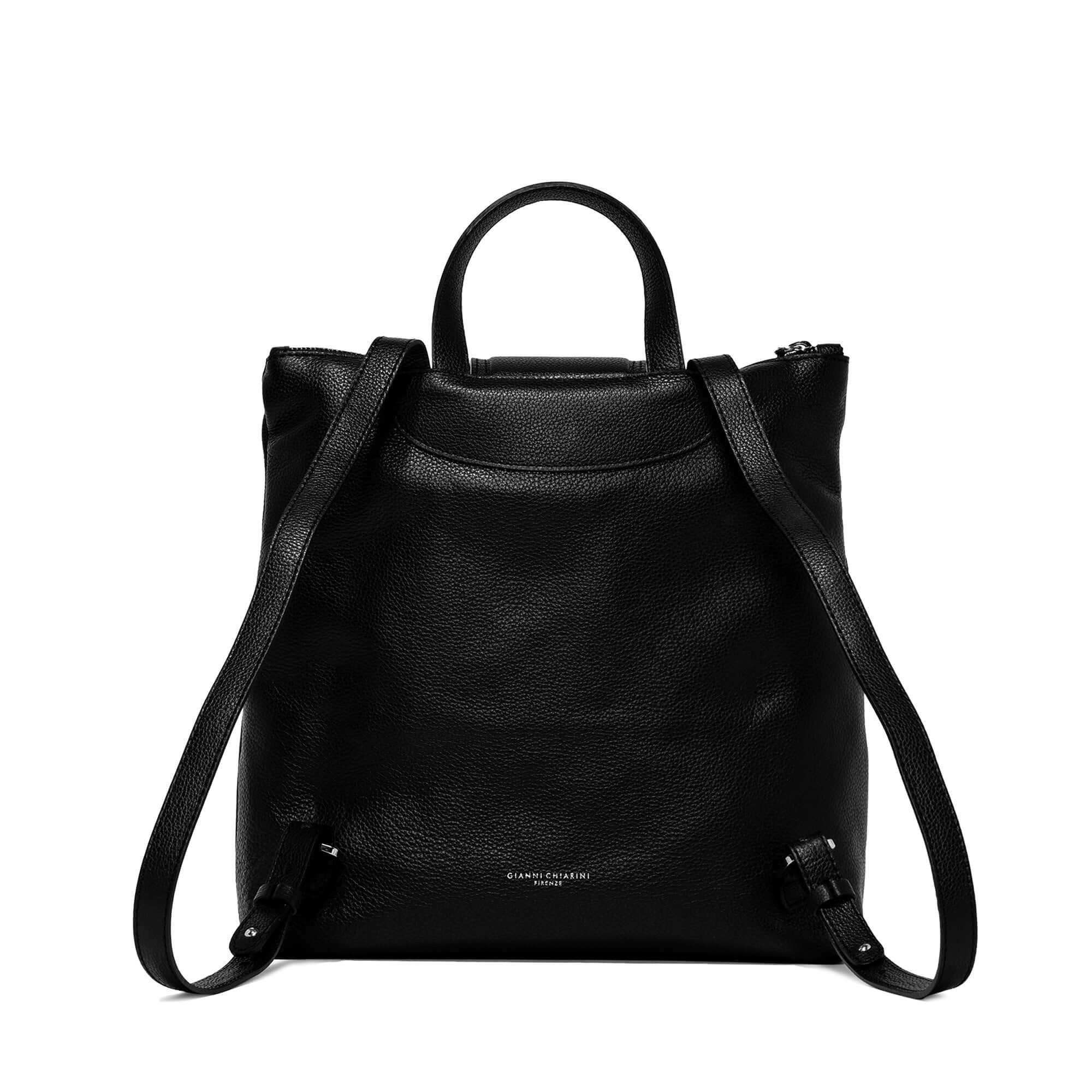 GIADA black leather bag with flat front pockets, zip closure, adjustable leather straps, and multi-use pockets.