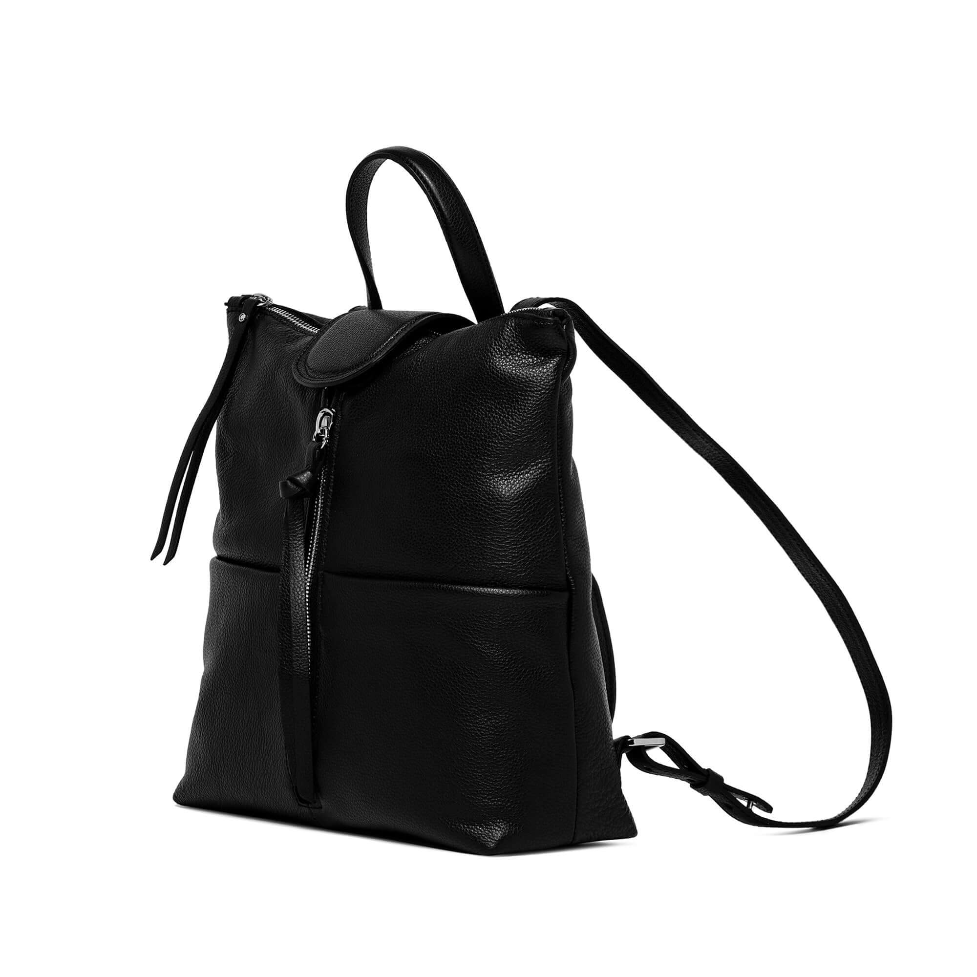 Black leather backpack with adjustable straps and front zip pocket, perfect accessory for everyday use.