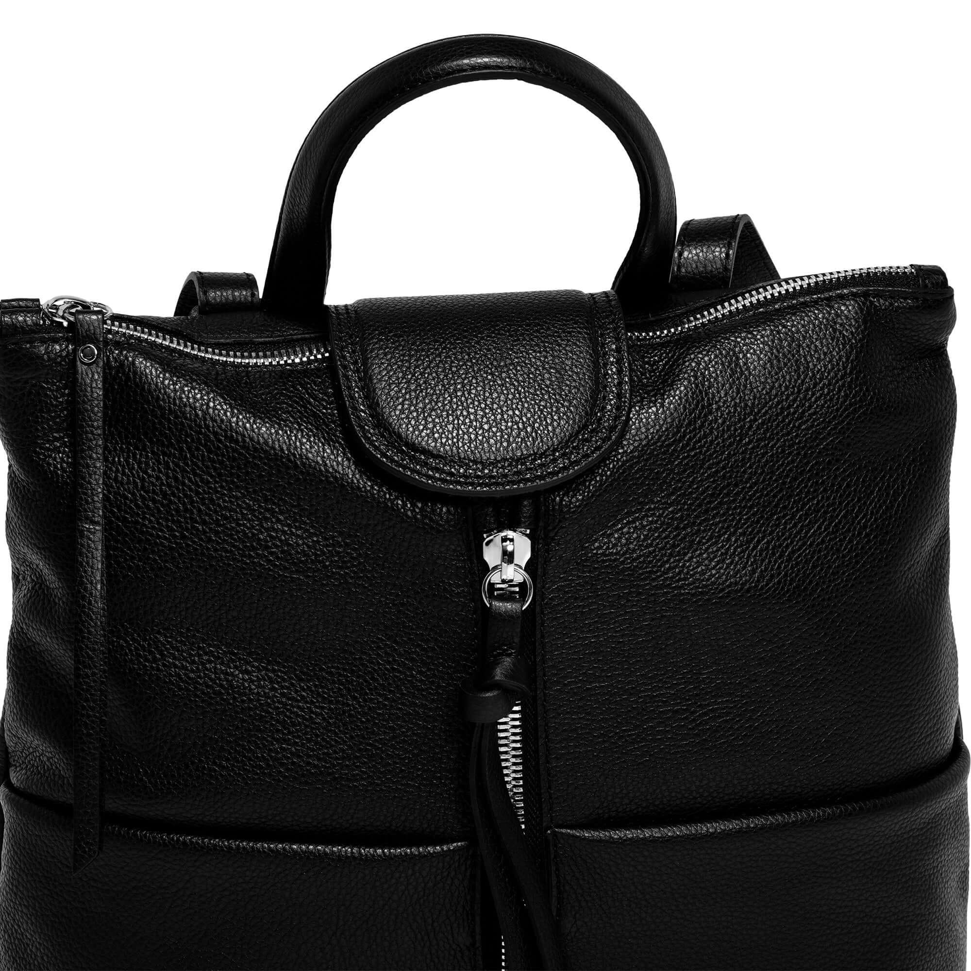 Black leather backpack with top handle, zip closure, and adjustable straps, perfect for everyday use.