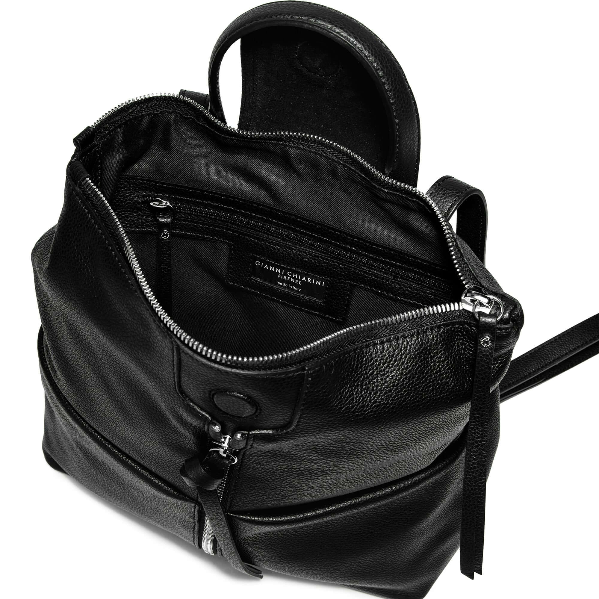 GIADA black leather bag with zip closure, snap button, adjustable straps, and multiple internal pockets.