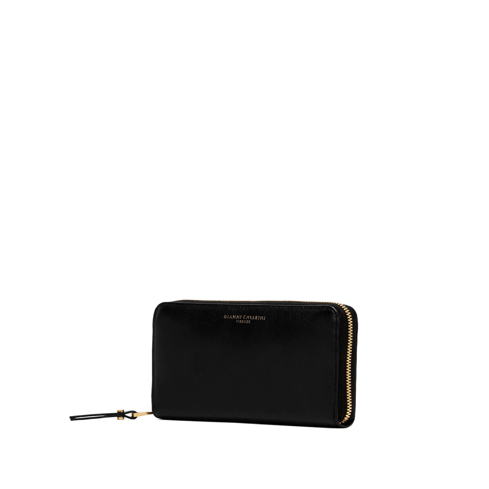 Black leather Madrid wallet by Gianni Chiarini with zipper closure and multiple compartments, measuring 19x10x2 cm.